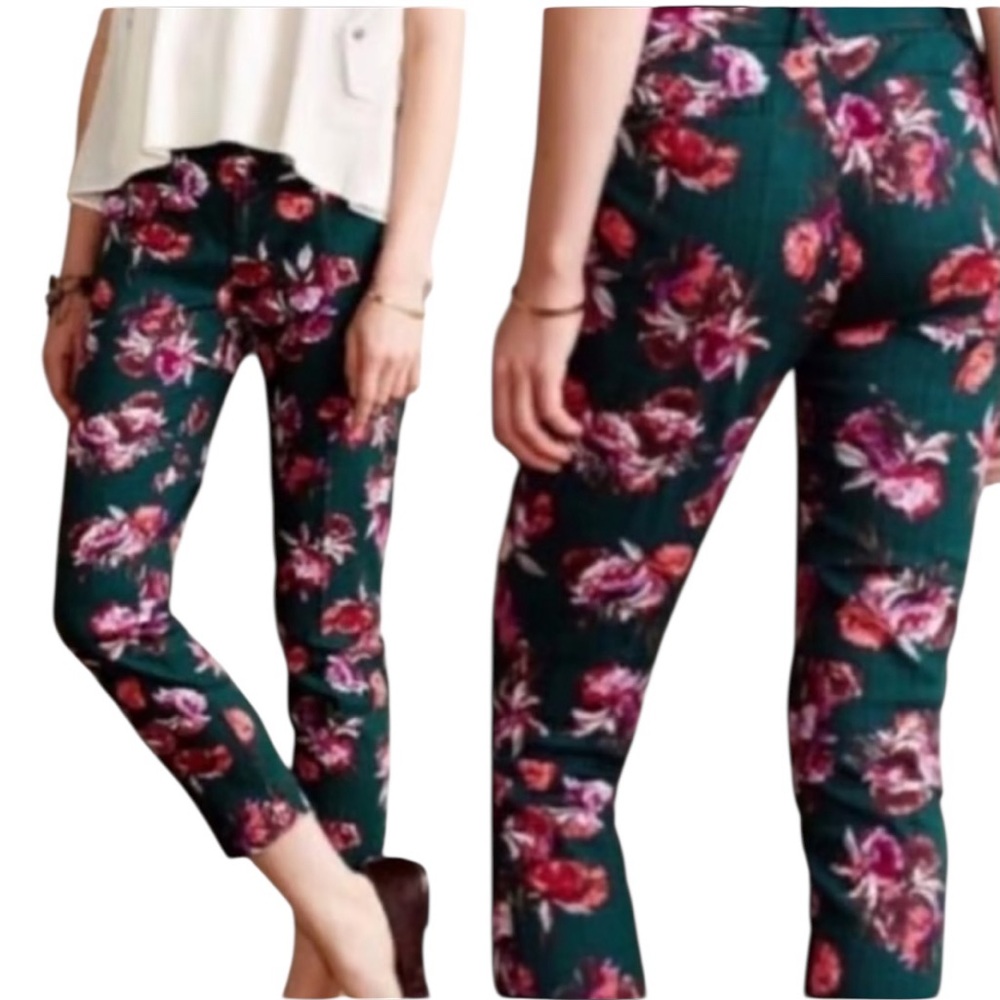 Anthropologie cartonnier floral Green Charlie ankle cotton pants 8